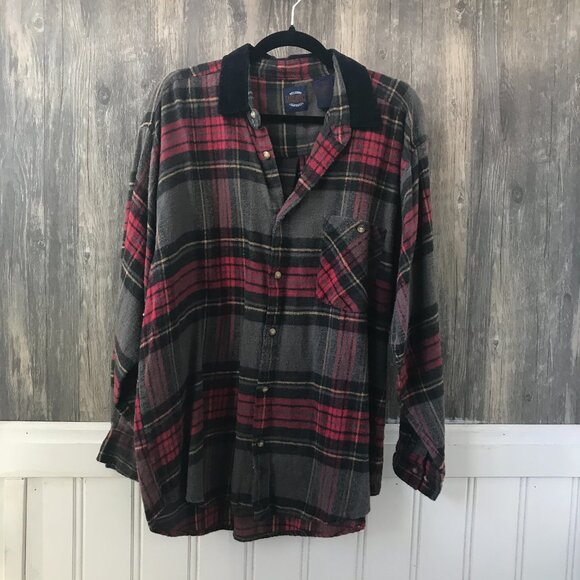 vintage Saugatuck red & gray plaid flannel button up size L - Picture 1 of 3